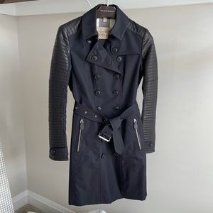 Worn ONCE! Burberry Brit Genuine Leather Arm Navy and Black Trench Coat - Sz 4